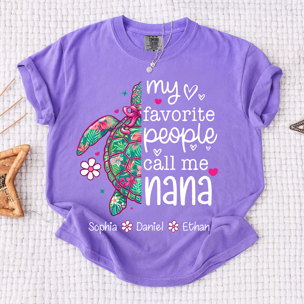 Comfort Colors® Personalized Nana Sea Turtle Shirt, My Favorite People Call Me Nana Tee, Custom Grandkids Names T Shirt, Coastal Grandma Gift