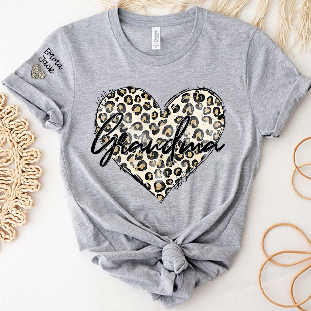 Personalized Grandma Shirt with Leopard Heart Design, Custom Family T Shirt