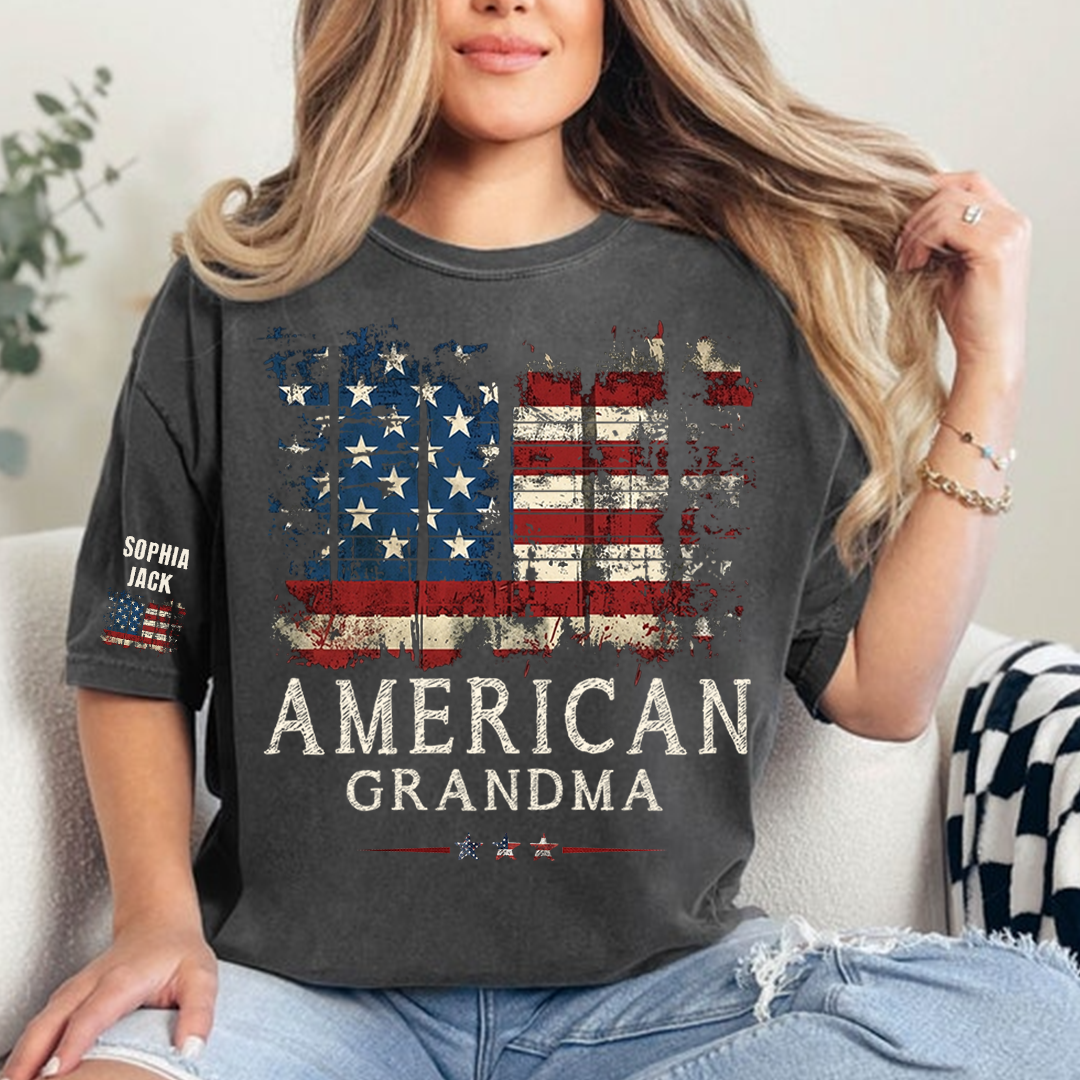 Personalized 4th of July Grandma T-Shirt, Distressed US Flag Gift for Grandmother