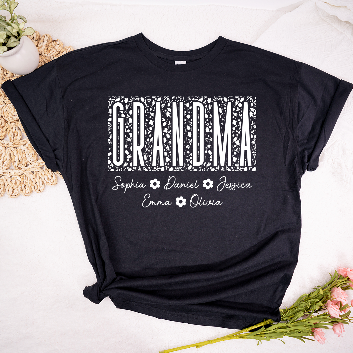 Custom Grandma Floral Shirt, Personalized Names of Grandchildren T Shirt, Meaningful Family Gift for Grandma