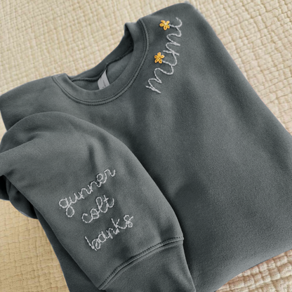 Custom Hand Embroidered Mimi With Grandkids Name On Sleeve Sweatshirt, Mother's Day Gift For Mom Mimi Grandma Nana Gigi Gaga