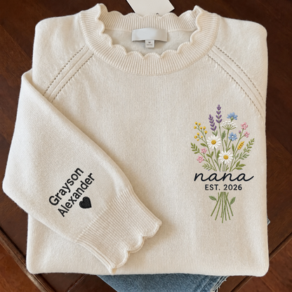 Custom Embroidered Knit Nana Sweater – Personalized Wildflower Bouquet EST. 2026 Crewneck with Sleeve Name