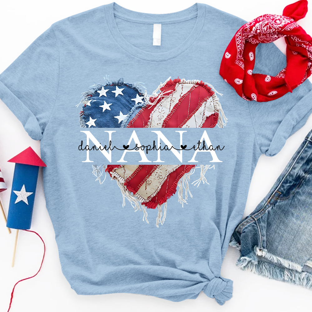 Personalized Nana T Shirt, Custom American Flag Heart Design with Family Names, Patriotic Gift for Nana