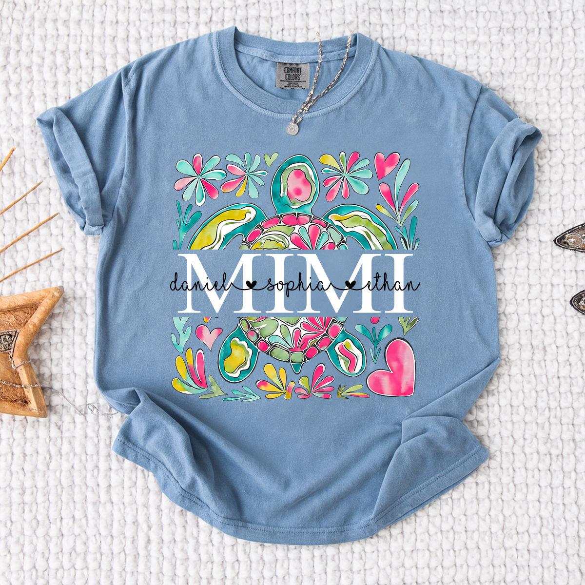 Comfort Colors Personalized Mimi Sea Turtle Shirt, Custom Grandma T Shirt with Grandkids Names, Coastal Family Gift for Mimi Nana Gigi