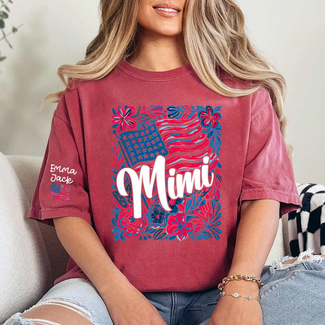 Mimi American Flag Floral Shirt, Custom Grandkids Names Family T Shirt