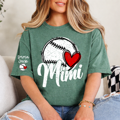 Personalized Mimi Baseball Shirt, Heart and Bat Design with Custom Names