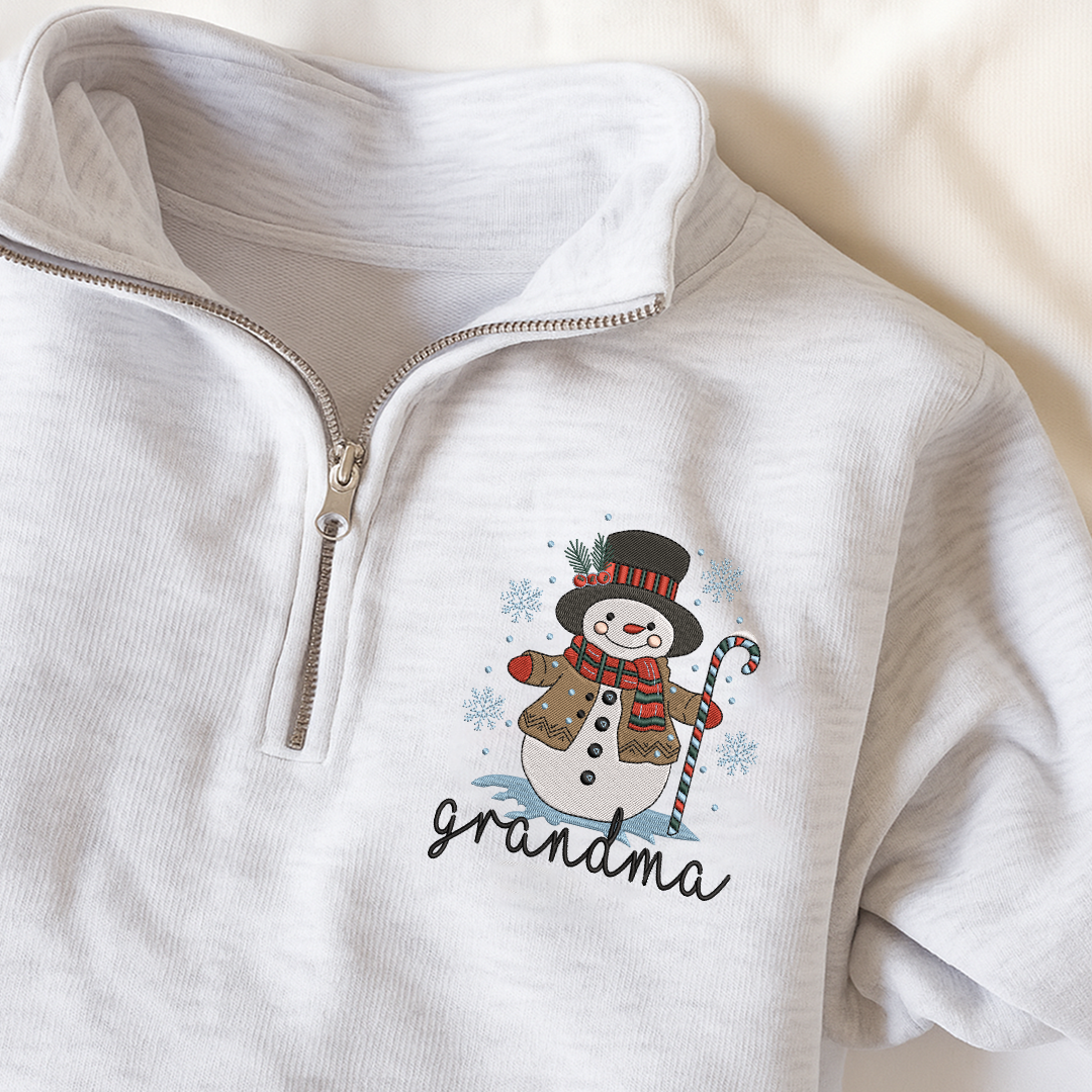 Personalized Grandma Christmas Quarter Zip, Custom Embroidered Snowman Sweater