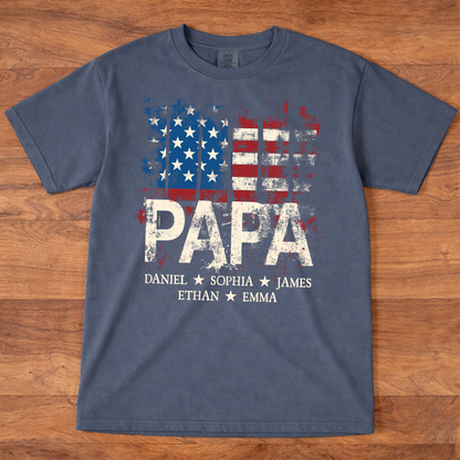 Comfort Colors® Papa American Flag Shirt With Name, Personalized Dad T Shirt Patriotic Style