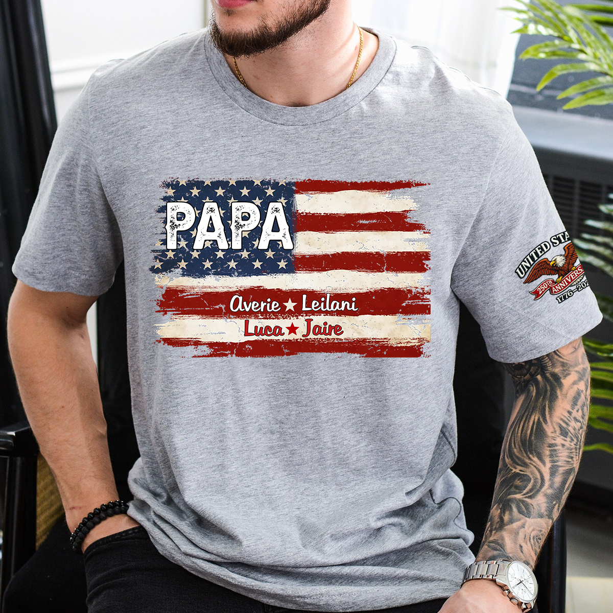 Custom Papa American Flag Shirt with Kids Names, Personalized Patriotic Papa T Shirt Family Gift