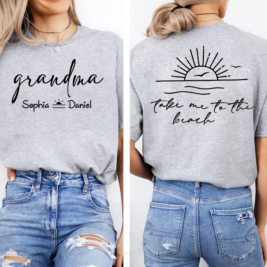 Custom Grandma Shirt with Grandchildren Names, Beach Vacation Back Graphic Tee, Personalized Family Summer Apparel for Women