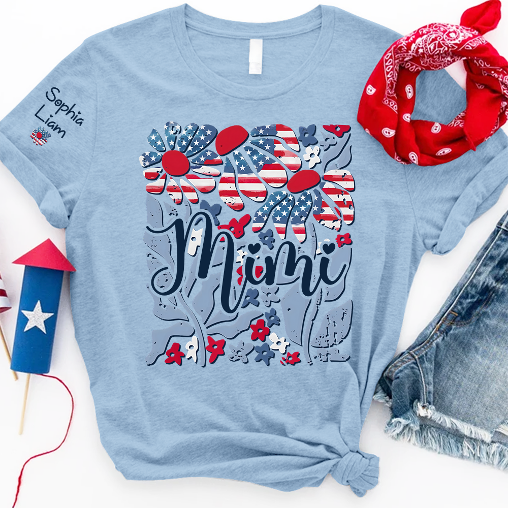 Custom Mimi Shirt with Patriotic Flowers and American Flag, Personalized Gift for Mom, Mother's Day T Shirt