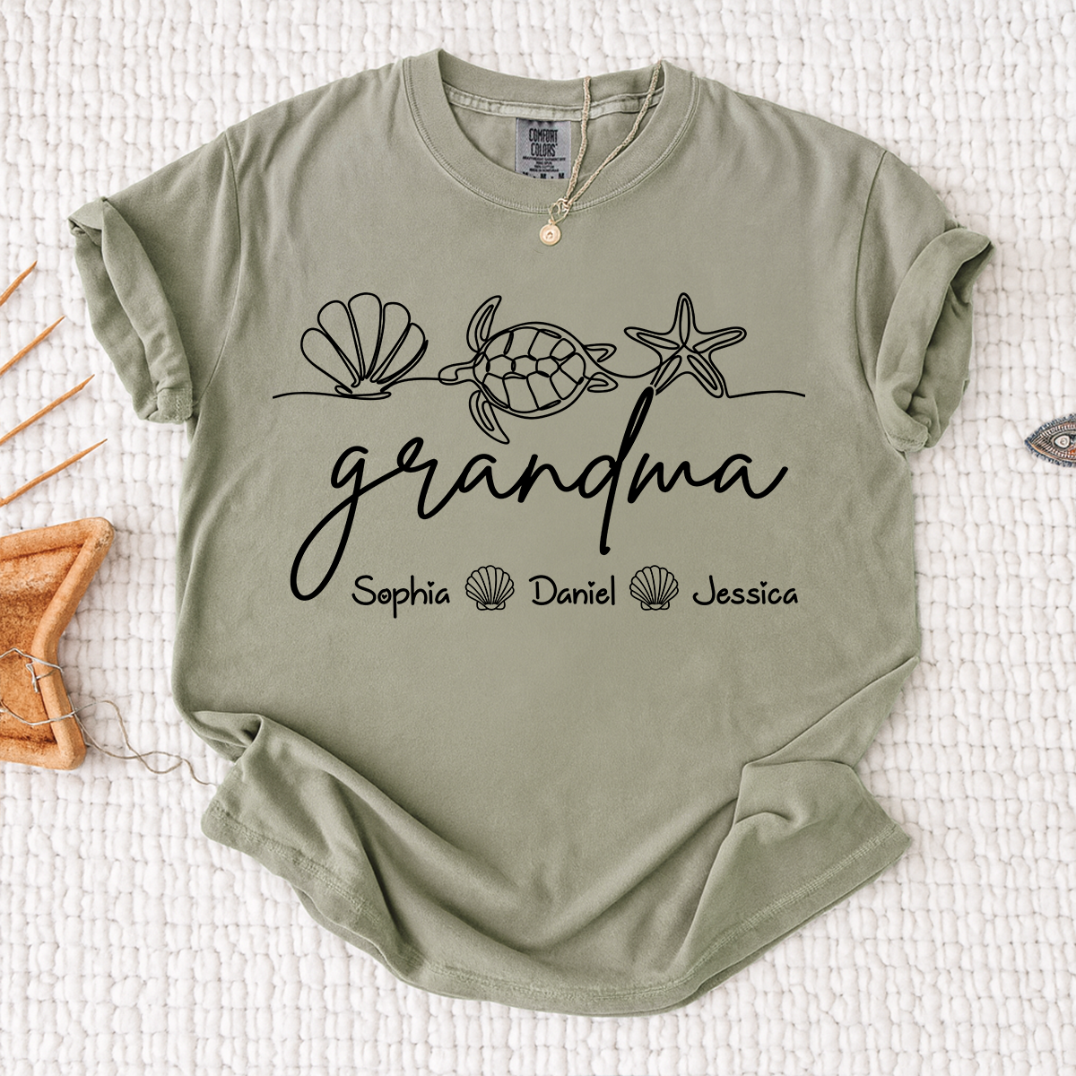 Comfort Colors Personalized Grandma Beach Shirt with Kids Names, Sea Turtle Shell Starfish Graphic Tee, Custom Grandma Summer Vacation Shirt