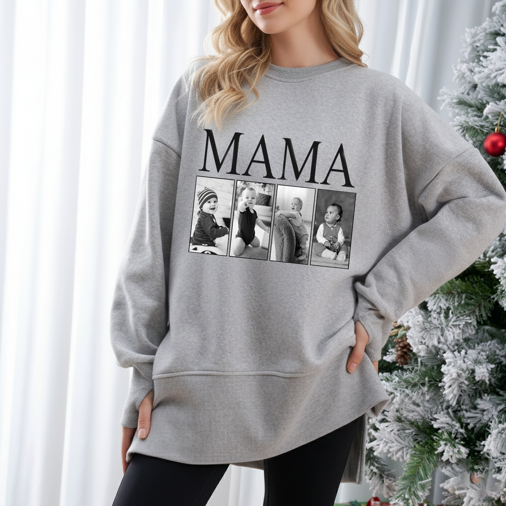 Custom MAMA Photo Sweatshirt – Personalized Oversized Pullover with Kids Pictures, Cozy Thumbhole Long Sleeve for Women