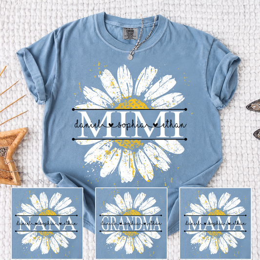 Comfort Personalized Mimi Shirt with Grandkids Names, Daisy Flower Graphic Family T Shirt