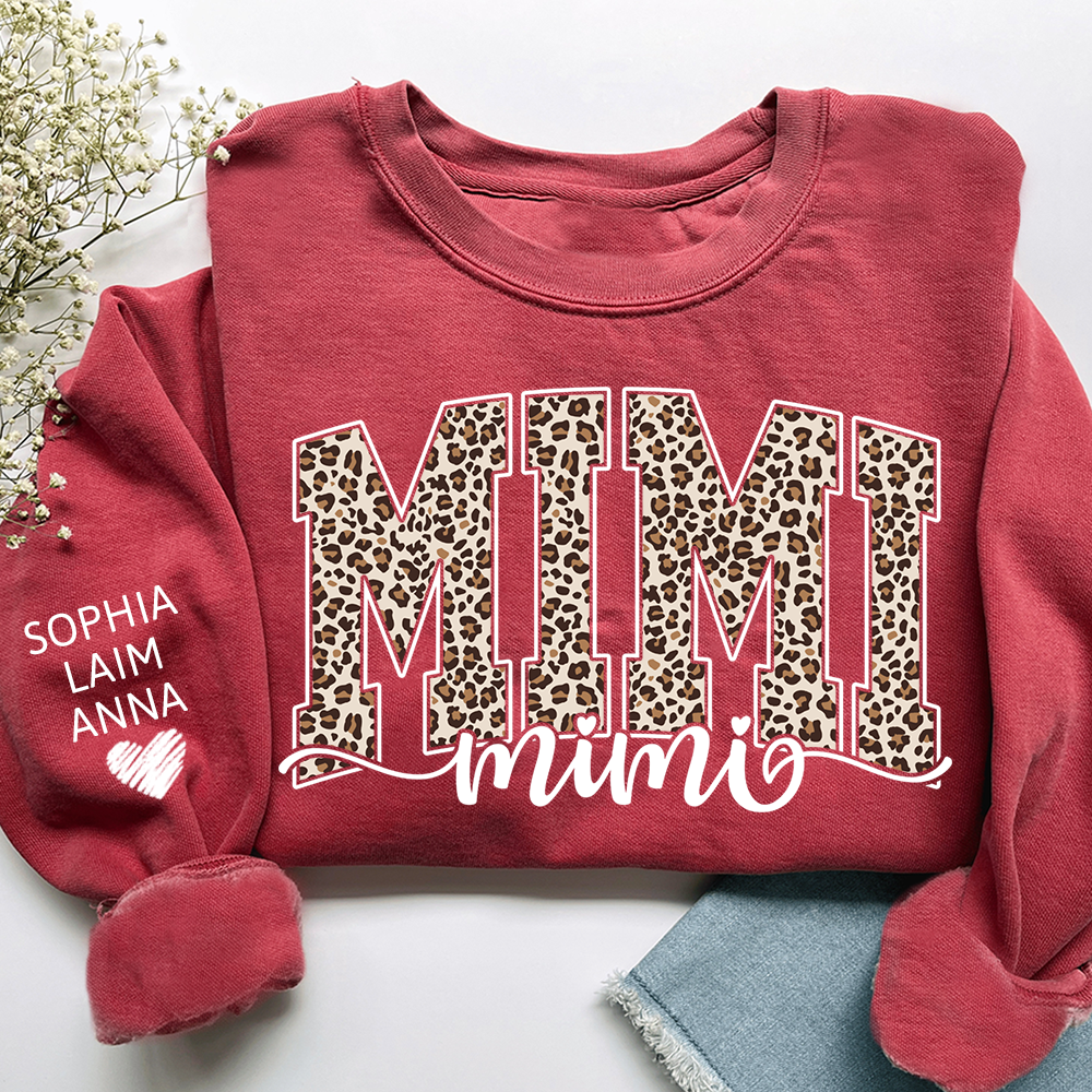 Personalized Mimi Leopard Print Sweatshirt, Custom Grandkids’ Names on Sleeve, Heart Detail