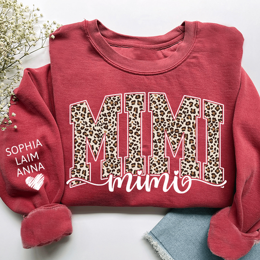 Personalized Mimi Leopard Print Sweatshirt, Custom Grandkids’ Names on Sleeve, Heart Detail