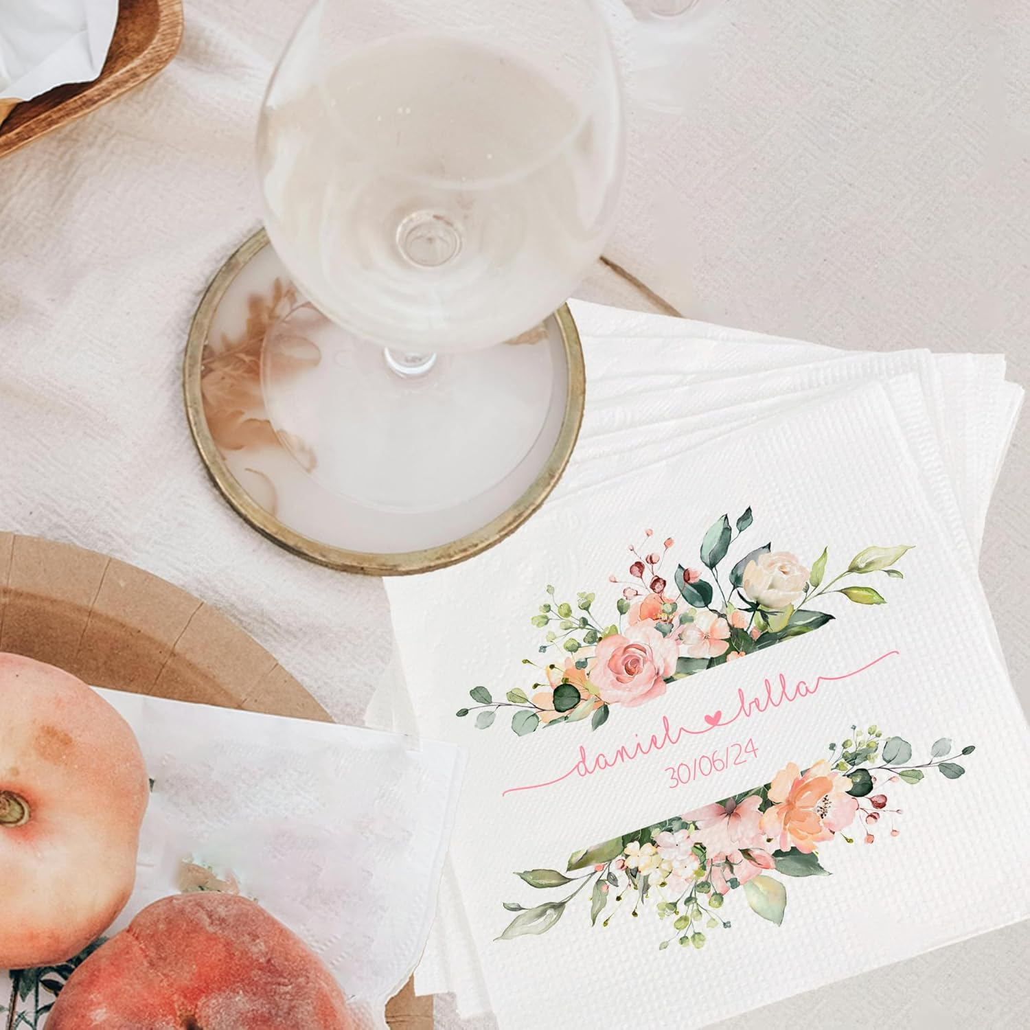 Elegant Floral Wedding Napkins with Personalized Names and Date - Perfect for Special Occasions