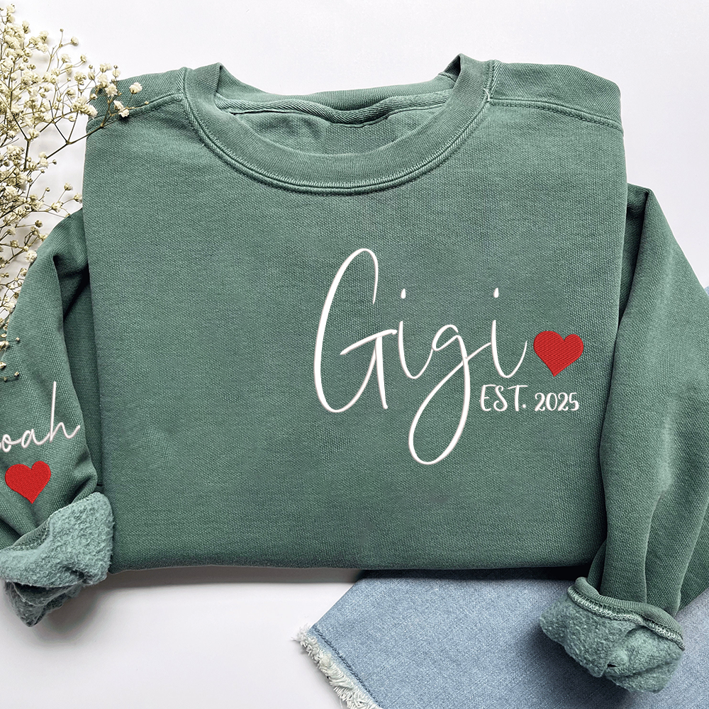 Embroidered Women's Sweatshirt with Heart, Gift For Gigi And Kids