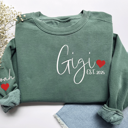 Embroidered Women's Sweatshirt with Heart, Gift For Gigi And Kids