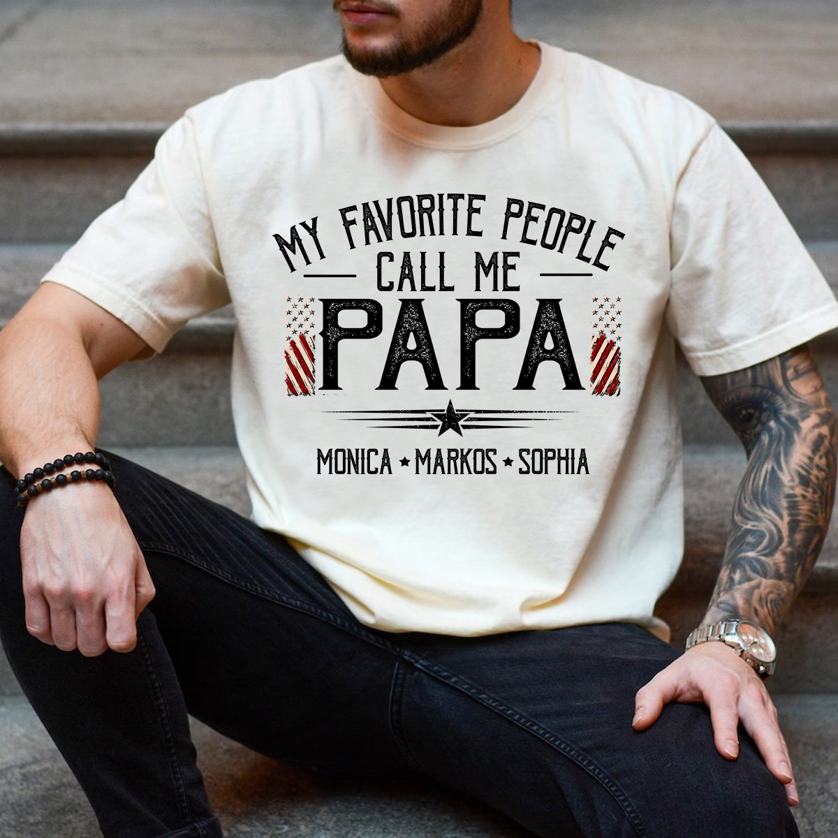 Custom Papa Shirt My Favorite People Call Me Papa, American Flag Dad Tee with Children Names, Gift for Grandpa