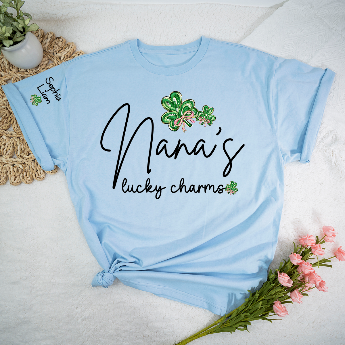 Nana’s Lucky Charms Shirt Personalized Grandma Name Tee with Shamrock Design St Patrick Theme Gift for Nana
