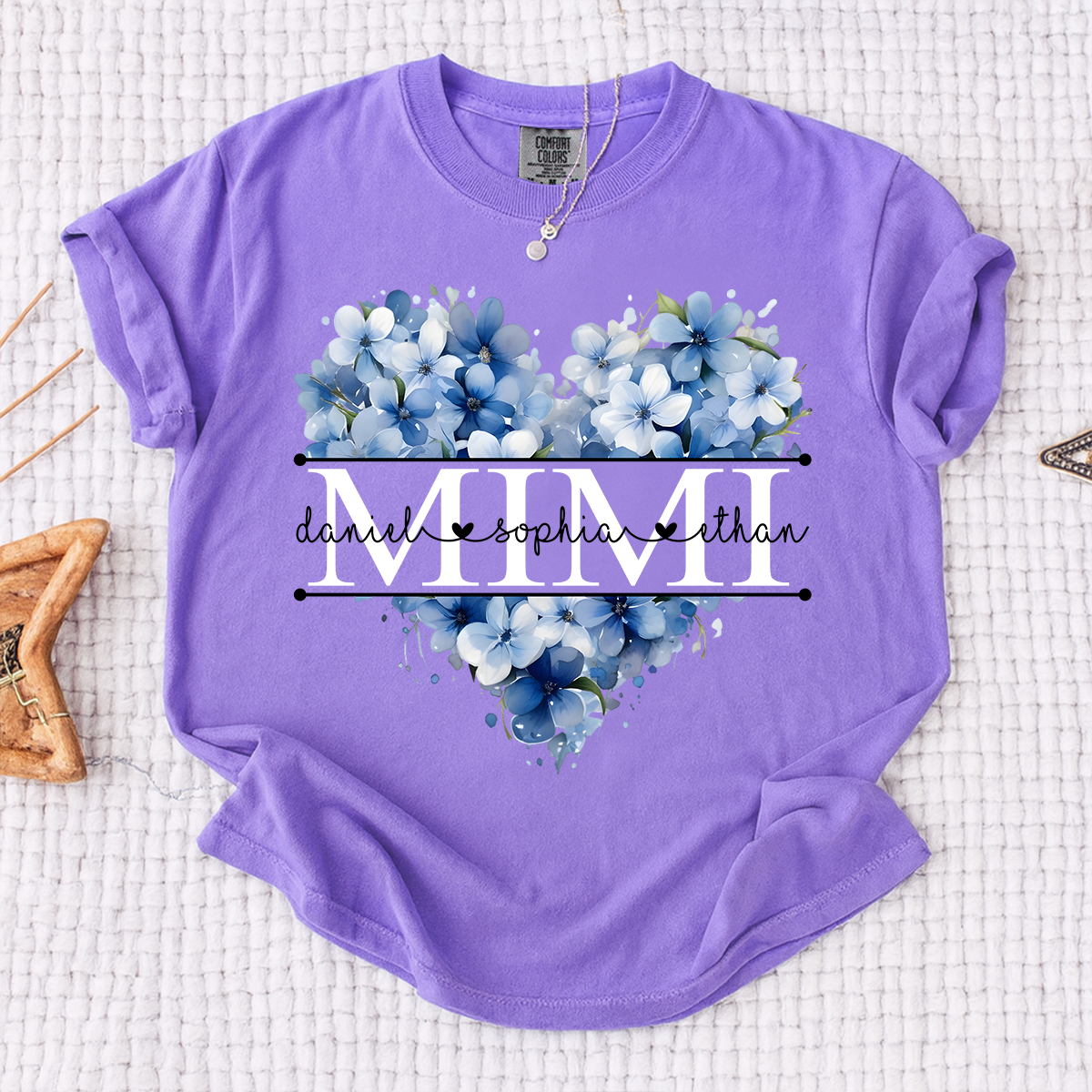 Comfort Colors Personalized Mimi Shirt with Blue Floral Heart Design, Custom Grandma Gift with Grandkids Name