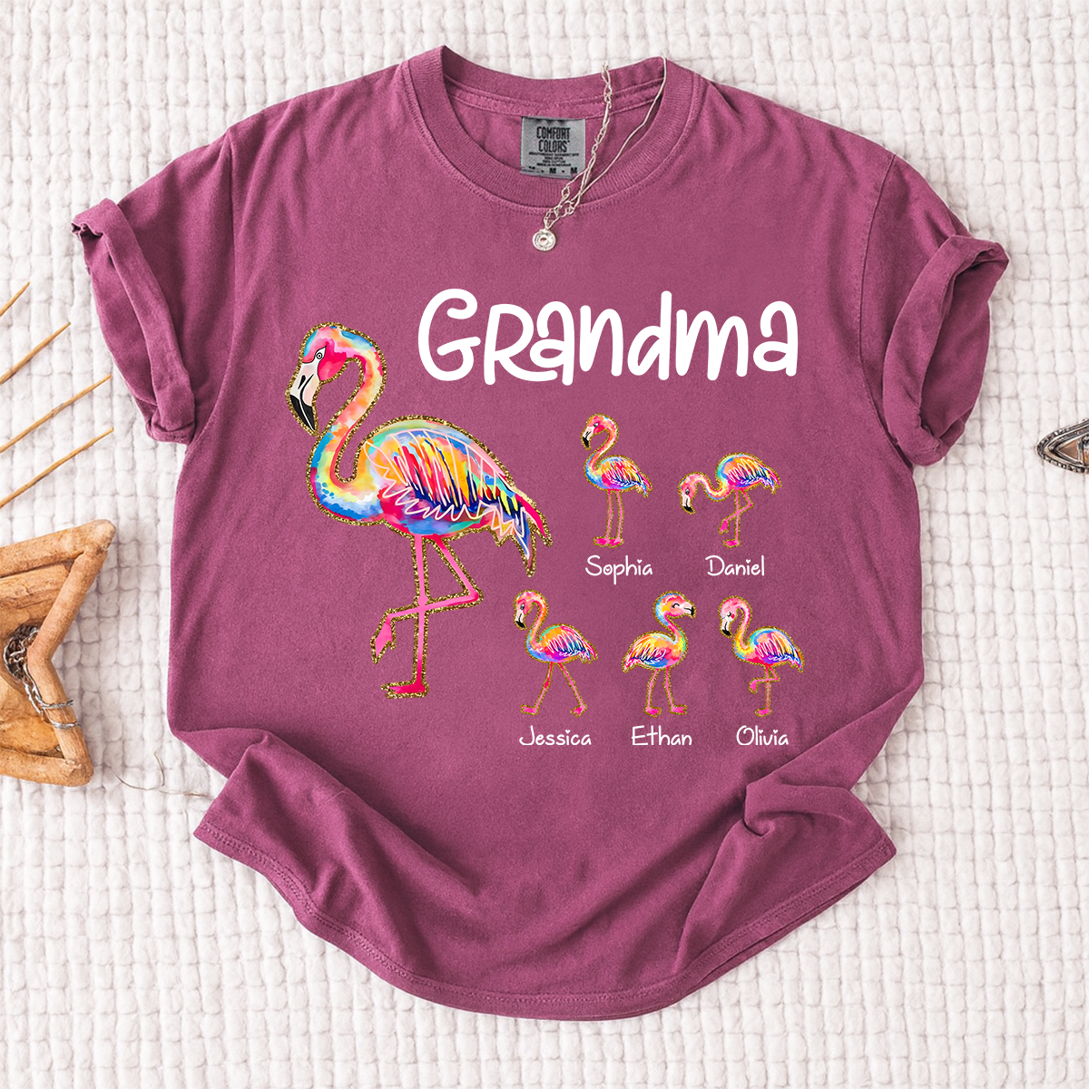 Comfort Colors Custom Grandma Flamingo Tee with Kids Names, Personalized Tropical Bird Shirt for Women, Summer Vacation Family Gift