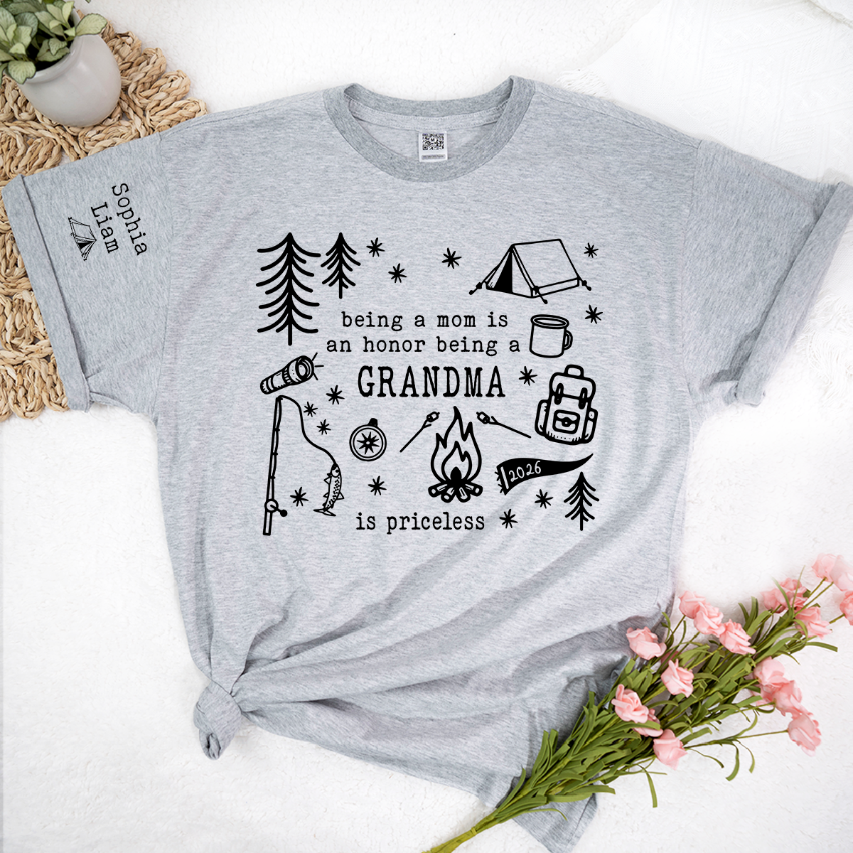 Personalized Camping Grandma Shirt, Custom Grandkids Names Sleeve Tee, Being a Mom Is an Honor Being a Grandma Is Priceless