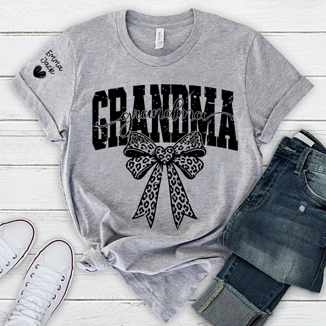 Personalized Grandma T-Shirt with Leopard Print Bow and Custom Grandkids Names