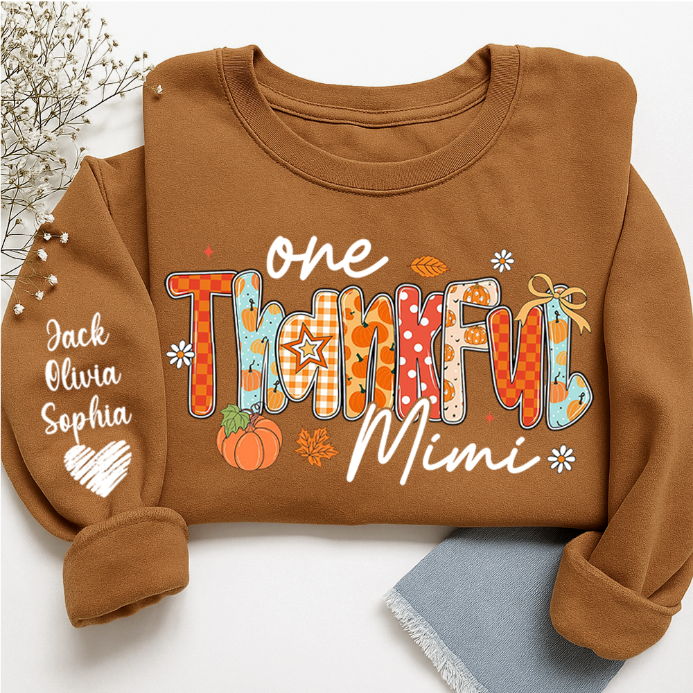 Personalized One Thankful Mimi Sweatshirt – Fall Pumpkin Design with Grandkids’ Names on Sleeve