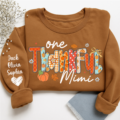 Personalized One Thankful Mimi Sweatshirt – Fall Pumpkin Design with Grandkids’ Names on Sleeve