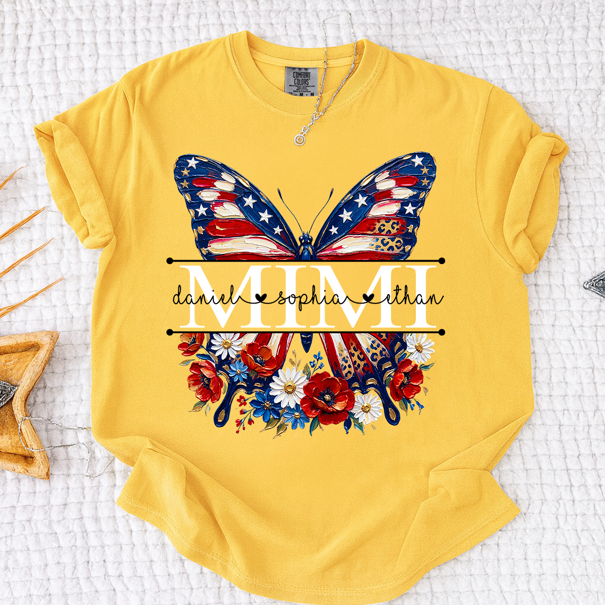 Comfort Custom Mimi T Shirt with Grandkids Names, American Flag Butterfly Family Tee