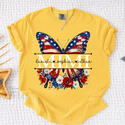 Comfort Custom Mimi T Shirt with Grandkids Names, American Flag Butterfly Family Tee