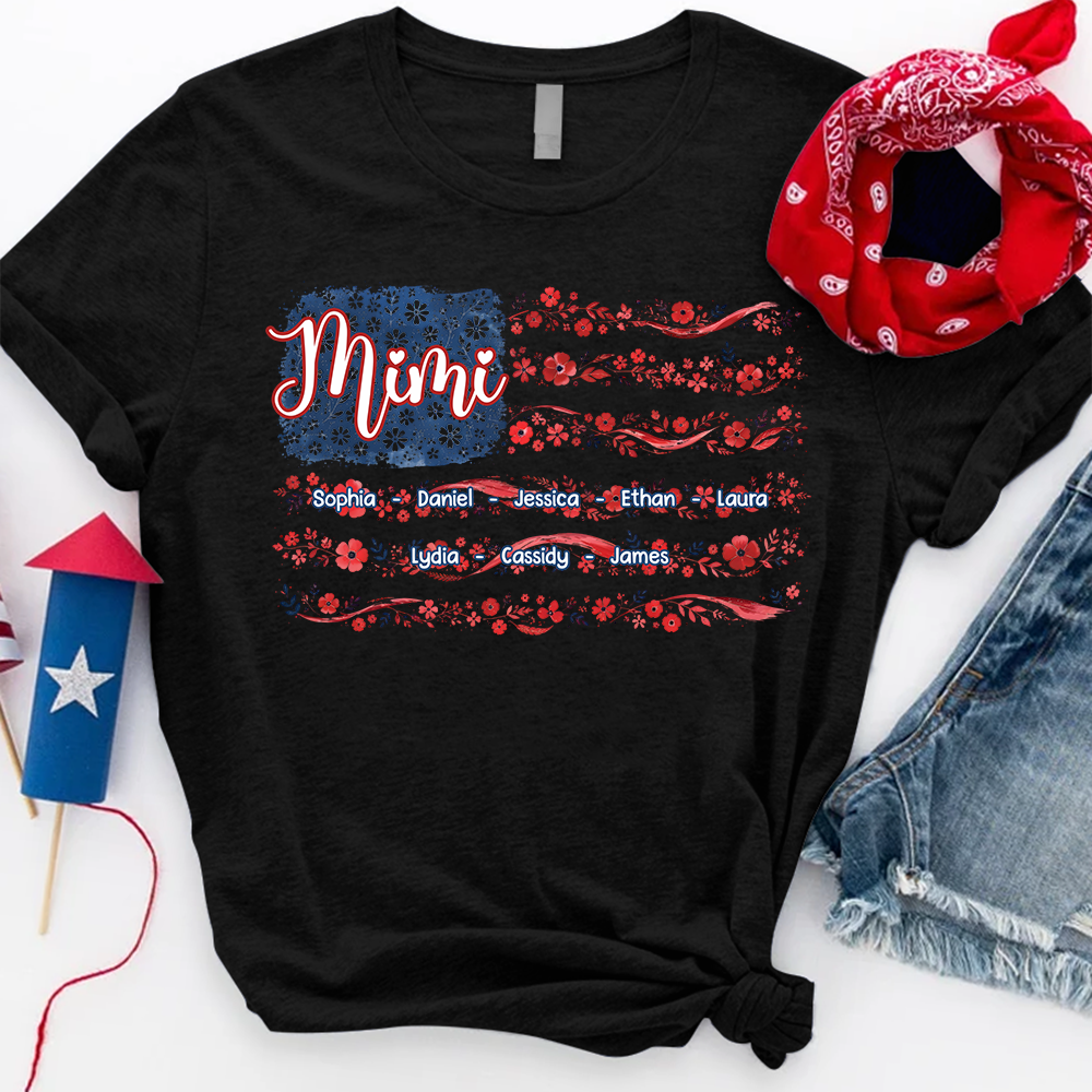 Mimi Floral American Flag Shirt, Custom Grandkids Name Tee, Patriotic Grandma Gift for Nana Mimi Great Grandma