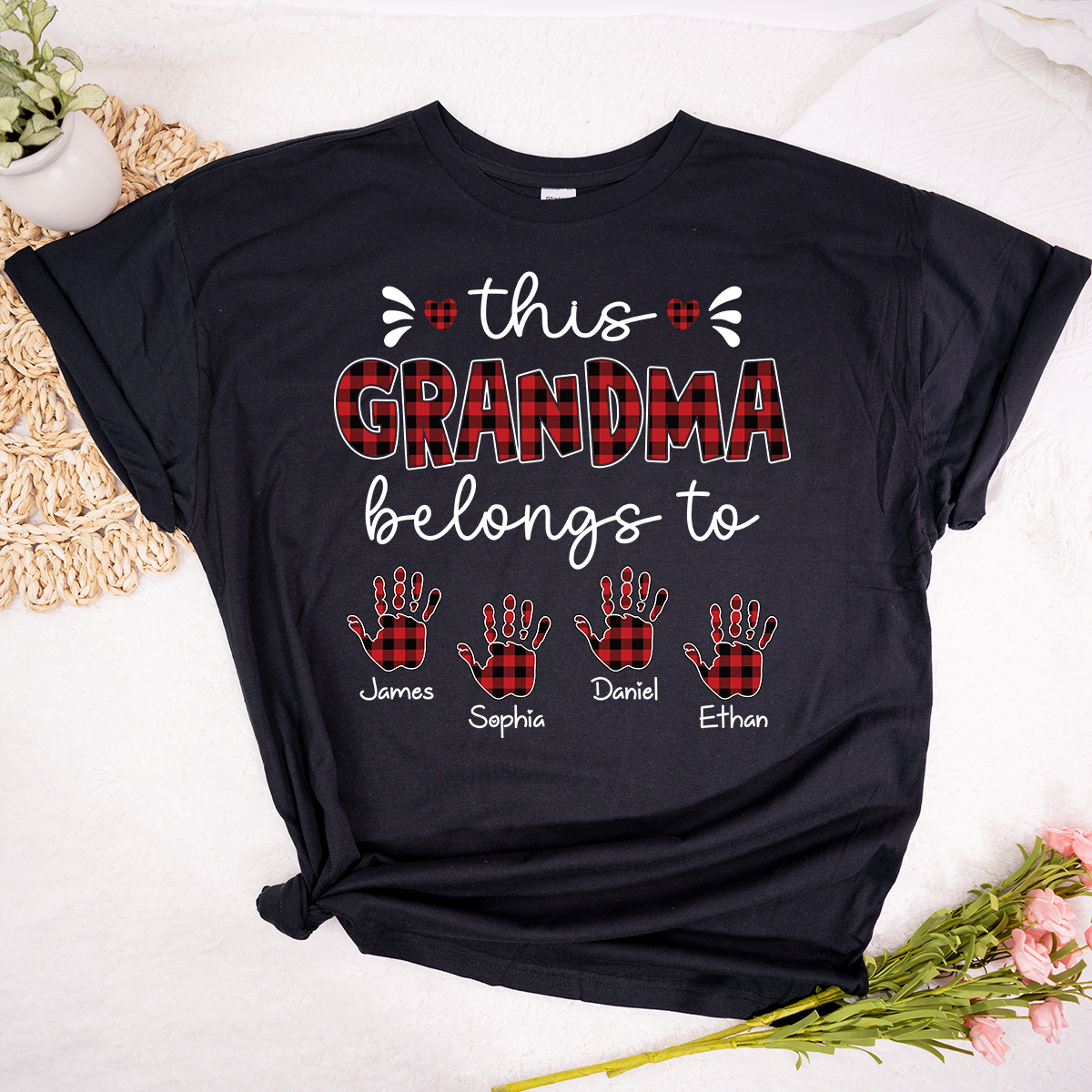 This Grandma Belongs To Tee, Custom Grandma Shirt with Grandkids Names, Red Plaid Handprint Gift, Meaningful Family Apparel