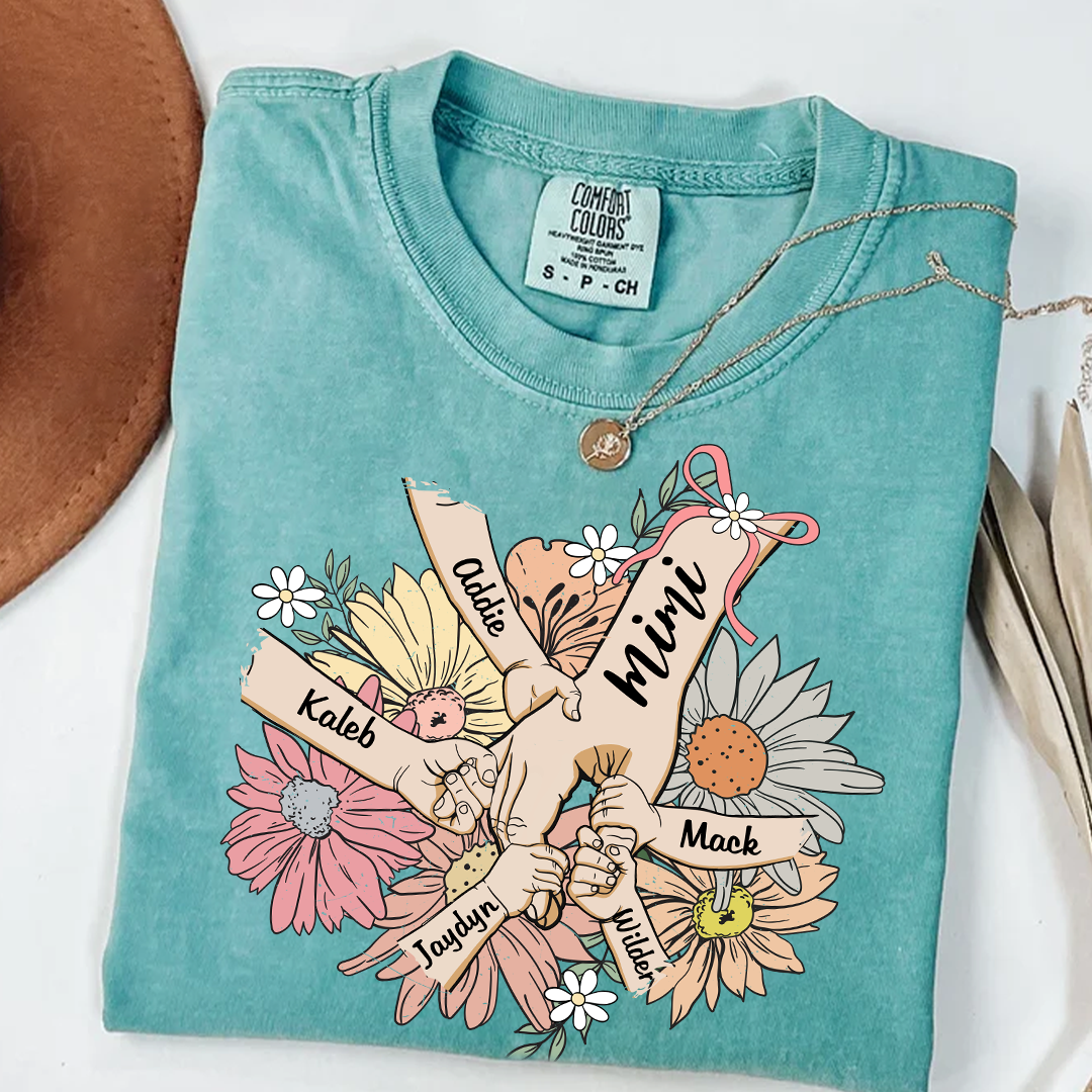 Comfort Colors® Grandma Hands Retro Floral T-Shirt, Custom Grandma With Grandkids Shirt