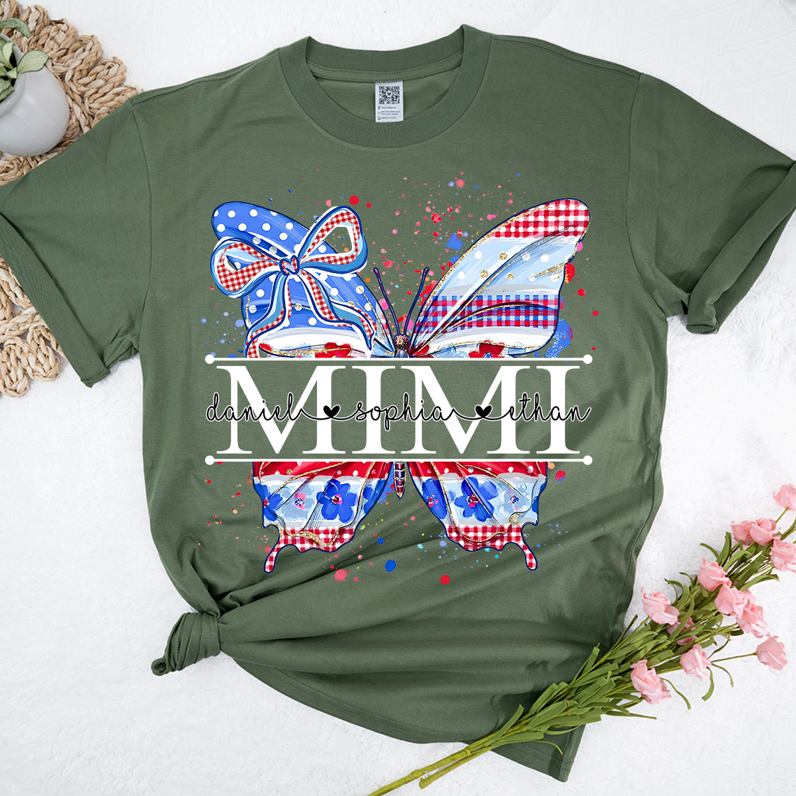 Custom Patriotic Butterfly Mimi T-Shirt, Personalized Grandma Shirt with Red White Blue USA Design