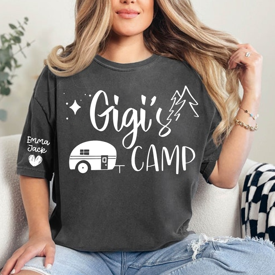 Gigi's Camp Shirt Personalized with Grandkids Names, Funny Camping Grandma Tee, Camper Trailer Graphic T Shirt