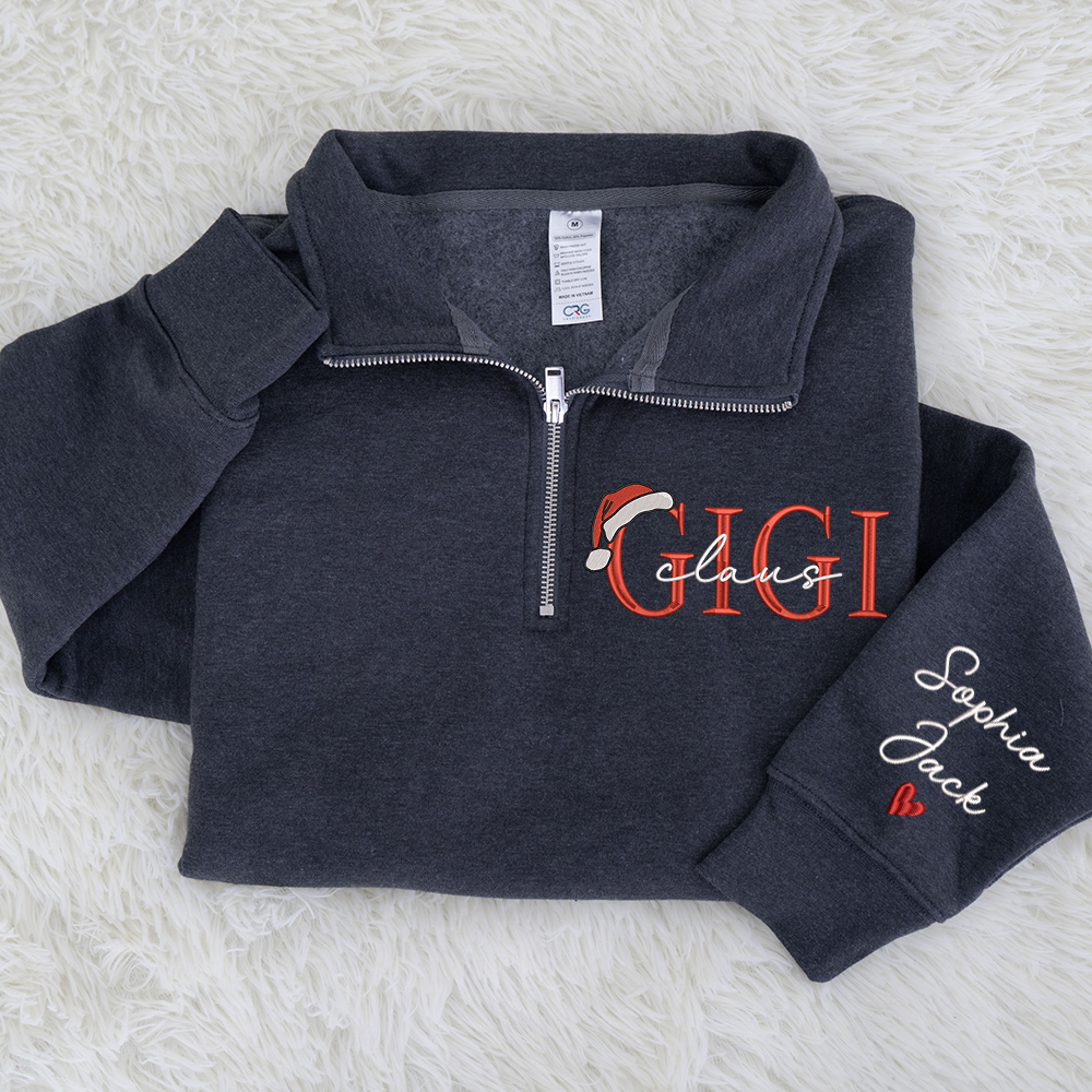 Personalized Christmas Gigi Claus Zip Embroidered Sweatshirt – Custom Grandma Gift With Grandkids Names