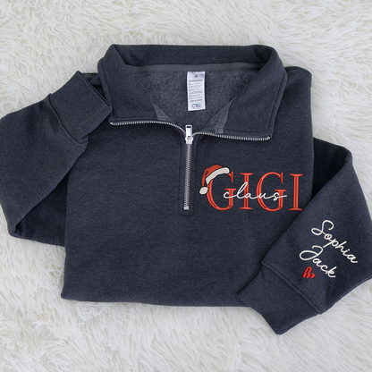 Personalized Christmas Gigi Claus Zip Embroidered Sweatshirt – Custom Grandma Gift With Grandkids Names