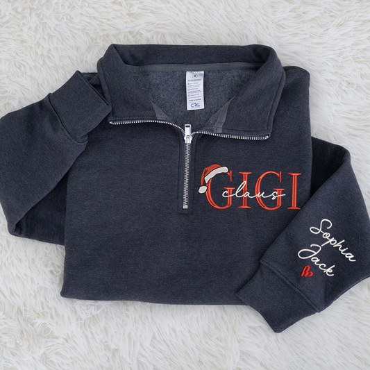 Personalized Christmas Gigi Claus Zip Embroidered Sweatshirt – Custom Grandma Gift With Grandkids Names