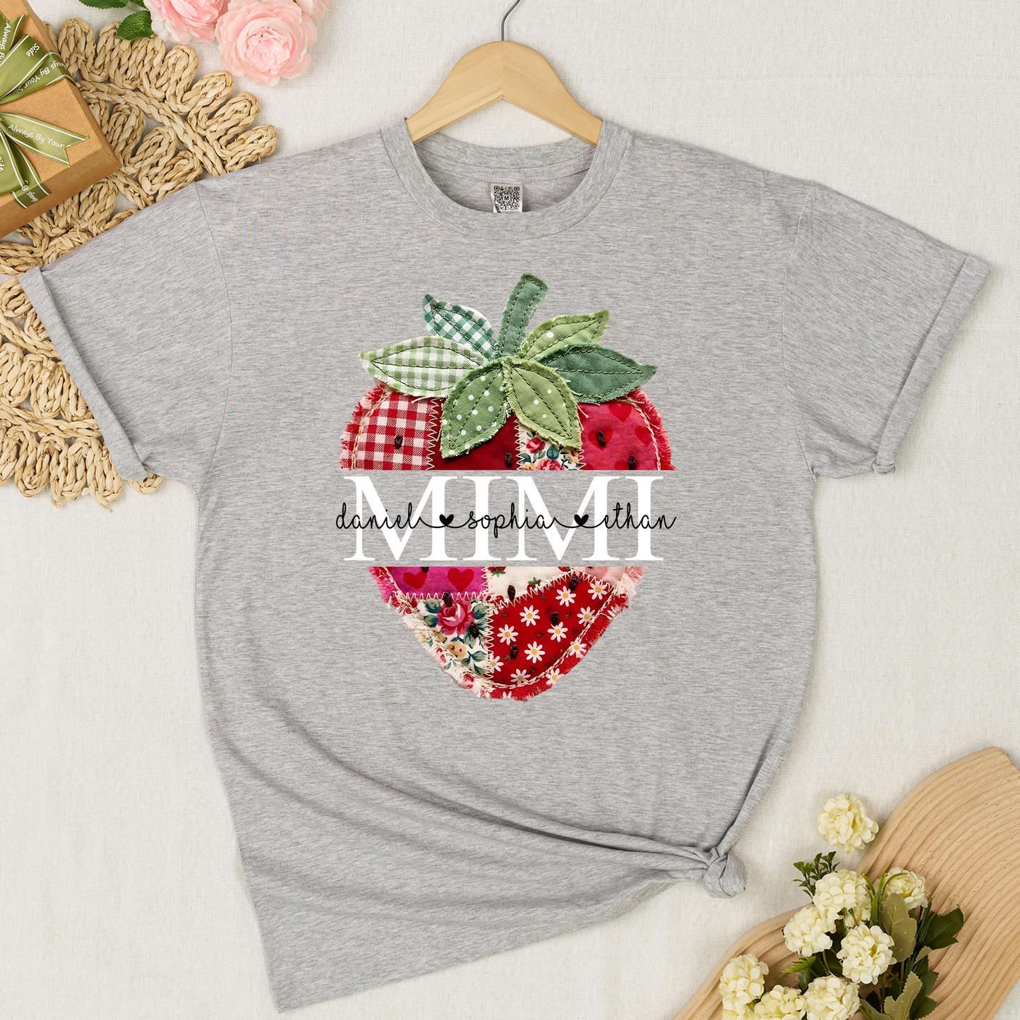 Personalized Mimi Shirt with Kids Names, Vintage Strawberry Patchwork Design Tee, Cute Grandma Gift for Summer