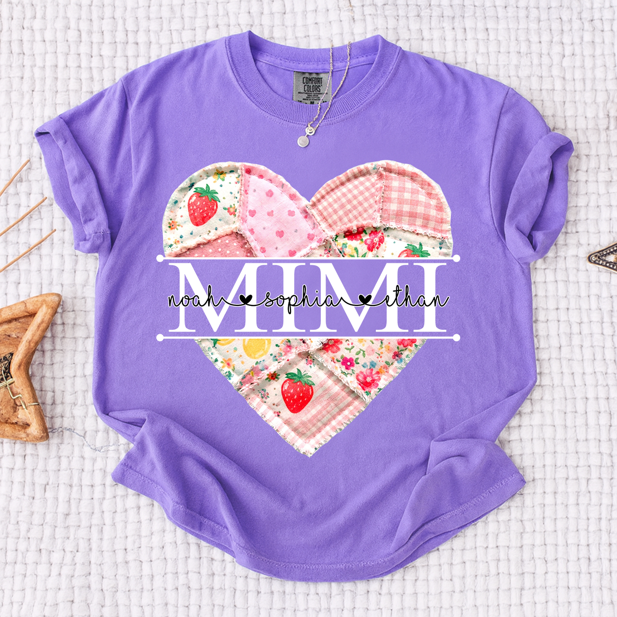 Comfort Colors® Personalized Mimi Heart Patch T-Shirt for Grandma, Custom Family Names Tee