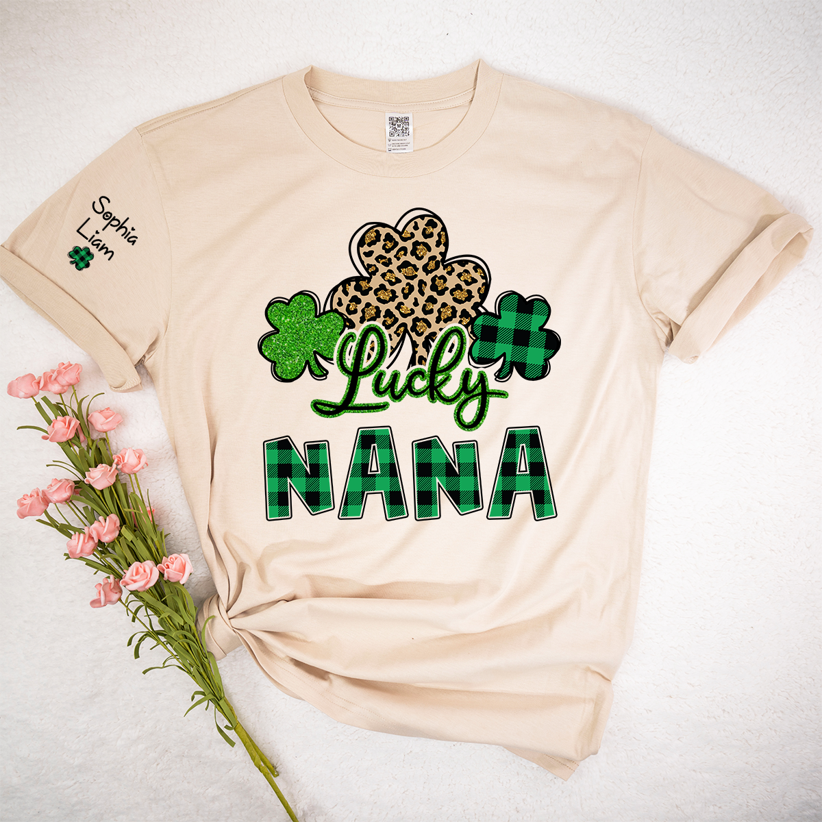 Personalized Lucky Nana T Shirt with Shamrock Pattern, St Patricks Day Grandma Shirt, Custom Name Nana Tee, Cute Irish Clover Design for Family Wear