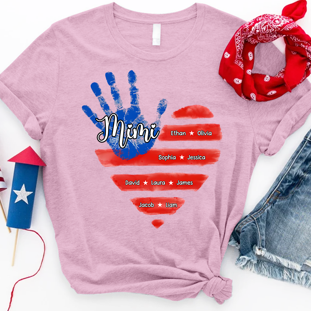 Custom Mimi Shirt, American Flag Handprint with Family Names, Personalized Gift for Mimi, Patriotic Grandkids Shirt