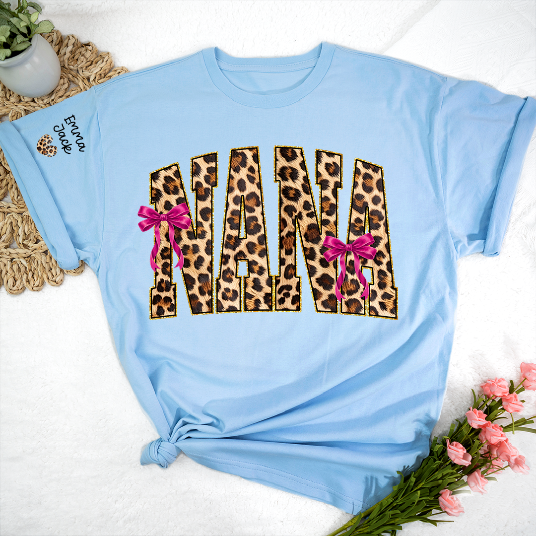Custom Nana Shirt, Leopard Print And Bow Gift for Mimi Grandma And Kids