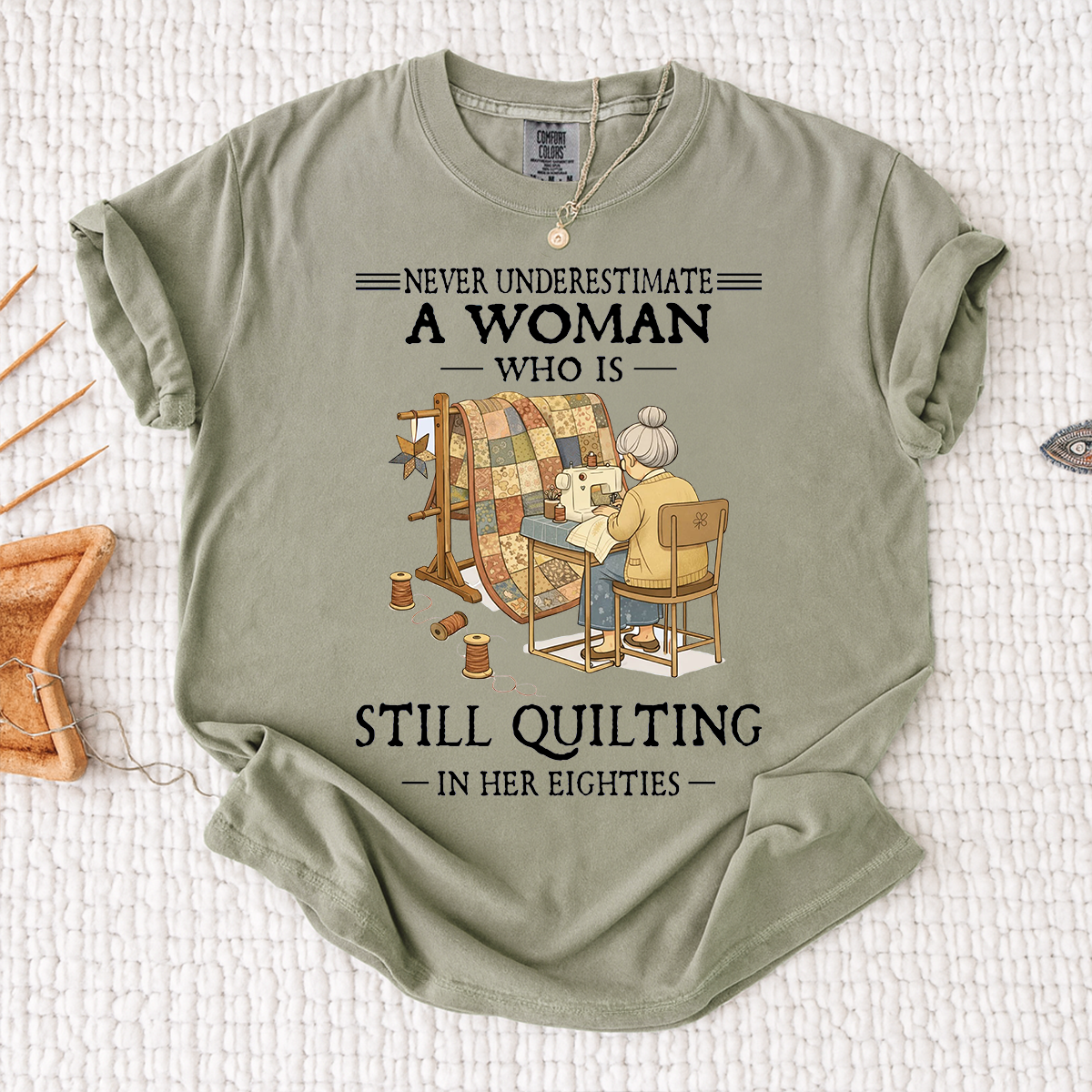 Comfort Colors Personalized Woman Who Is Still Quilting in Her Eighties T-Shirt – Perfect Gift for Quilting Enthusiasts