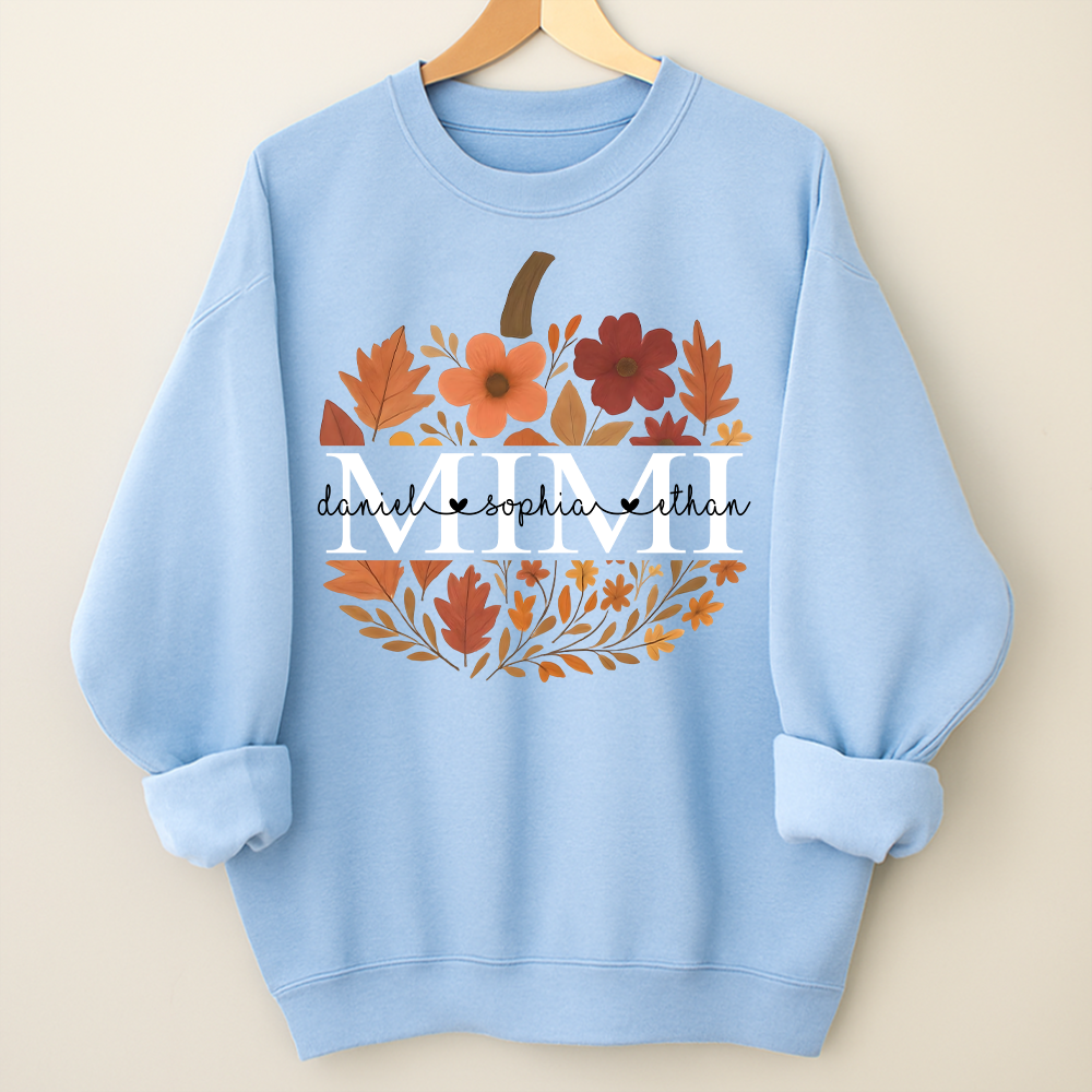 Mimi Pumpkin Floral Sweatshirt, Custom Grandchildren Names Fall Shirt, Personalized Autumn Grandma Gift, Cozy Family Outfit