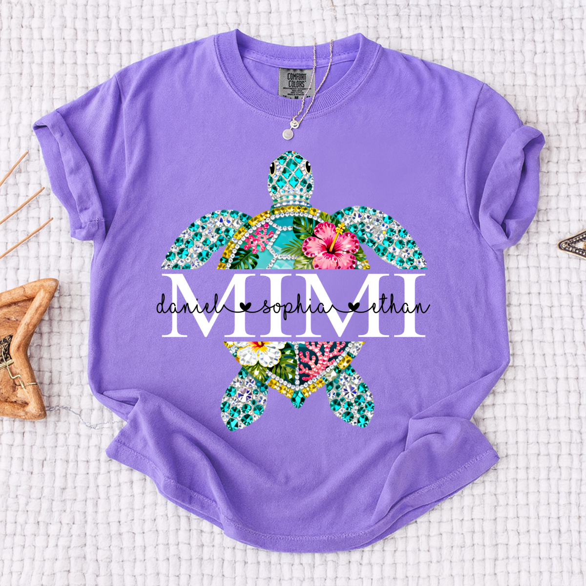 Comfort Colors Custom Mimi Turtle Monogram Shirt – Personalized Family Name Turtle Graphic Tee, Ocean Lover Gift for Women