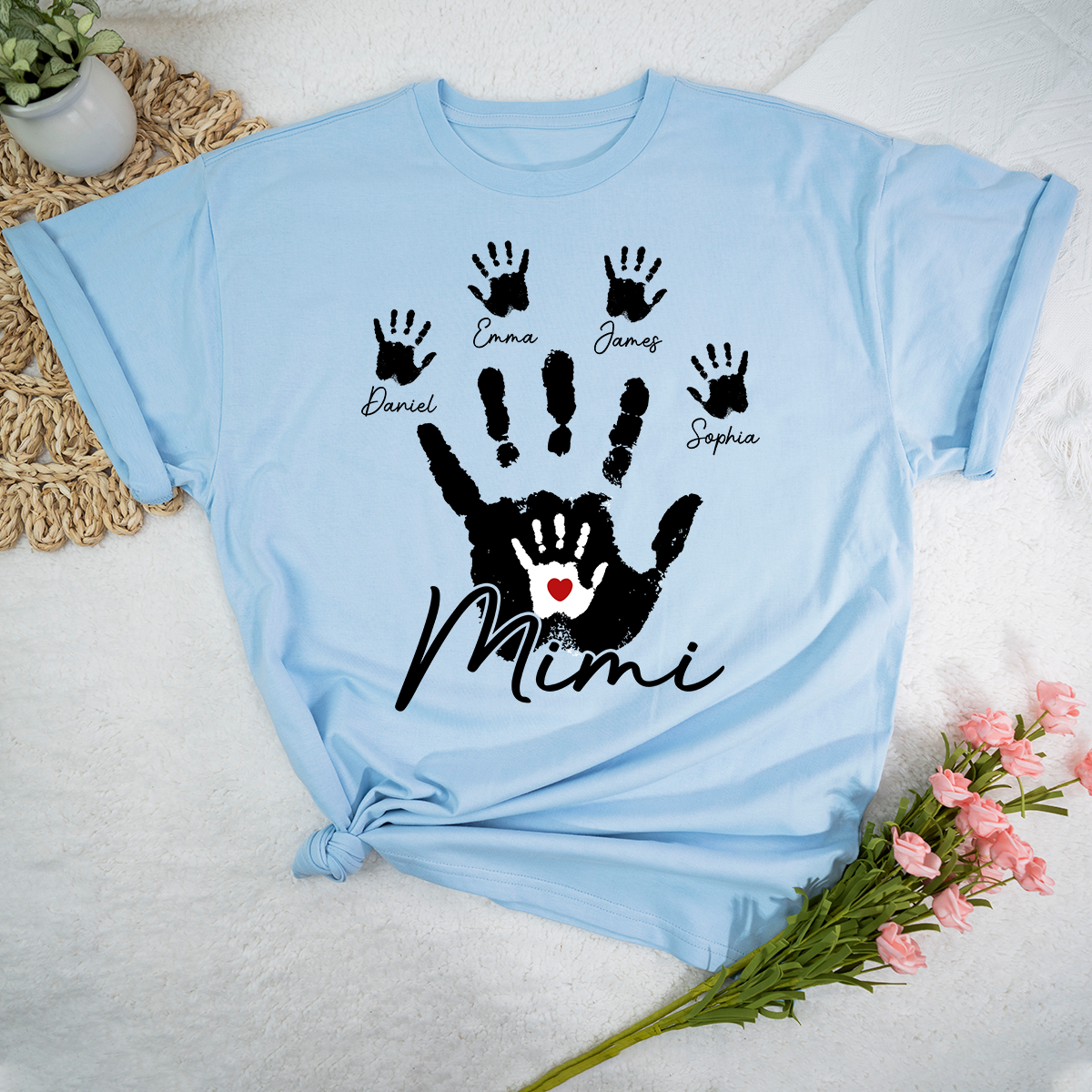 Personalized Mimi Handprint Shirt Custom Grandkids Names T Shirt Mimi Gift from Grandchildren Family Handprint Design